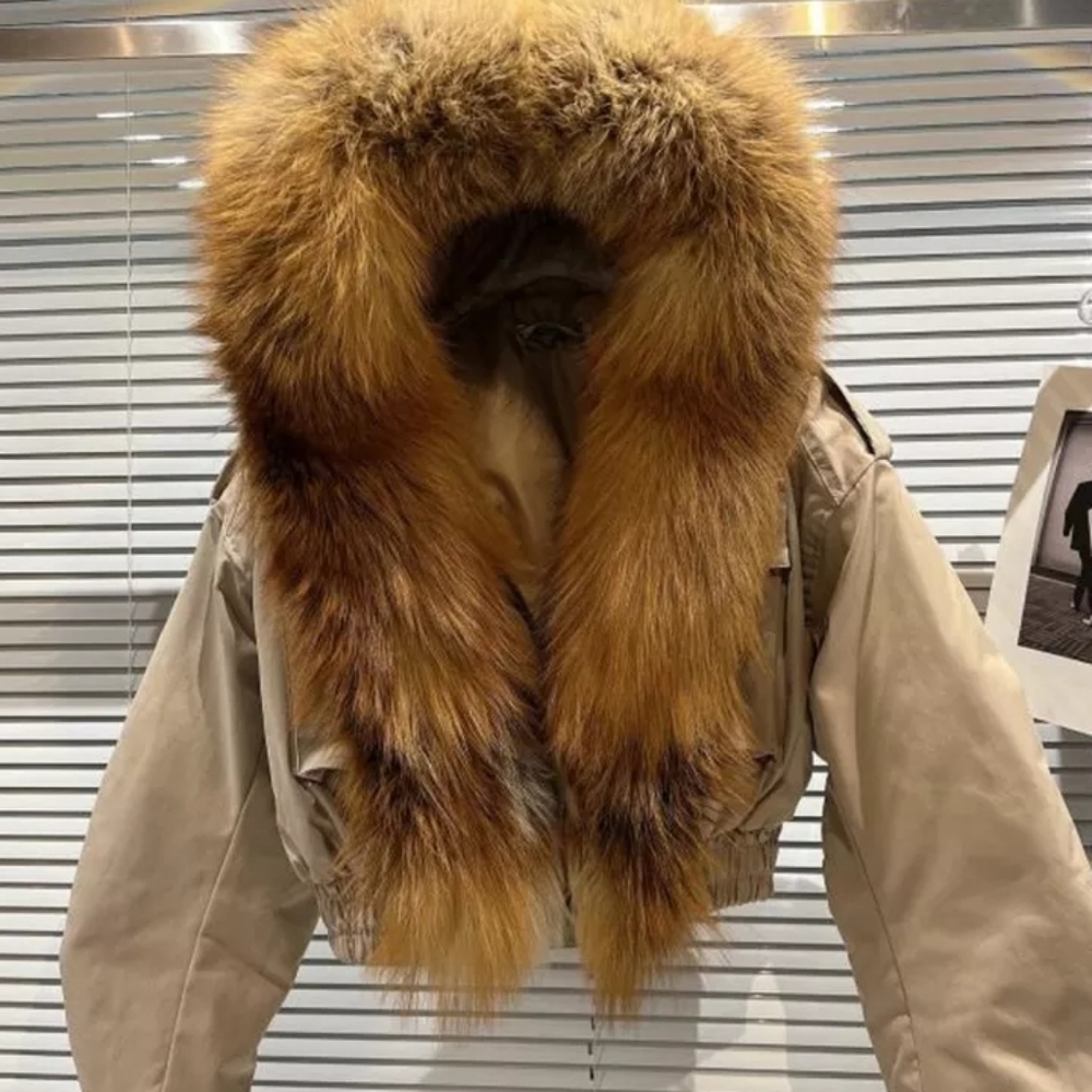 New - On Sale Real Raccoon Collar Cropped Bomber Jacket